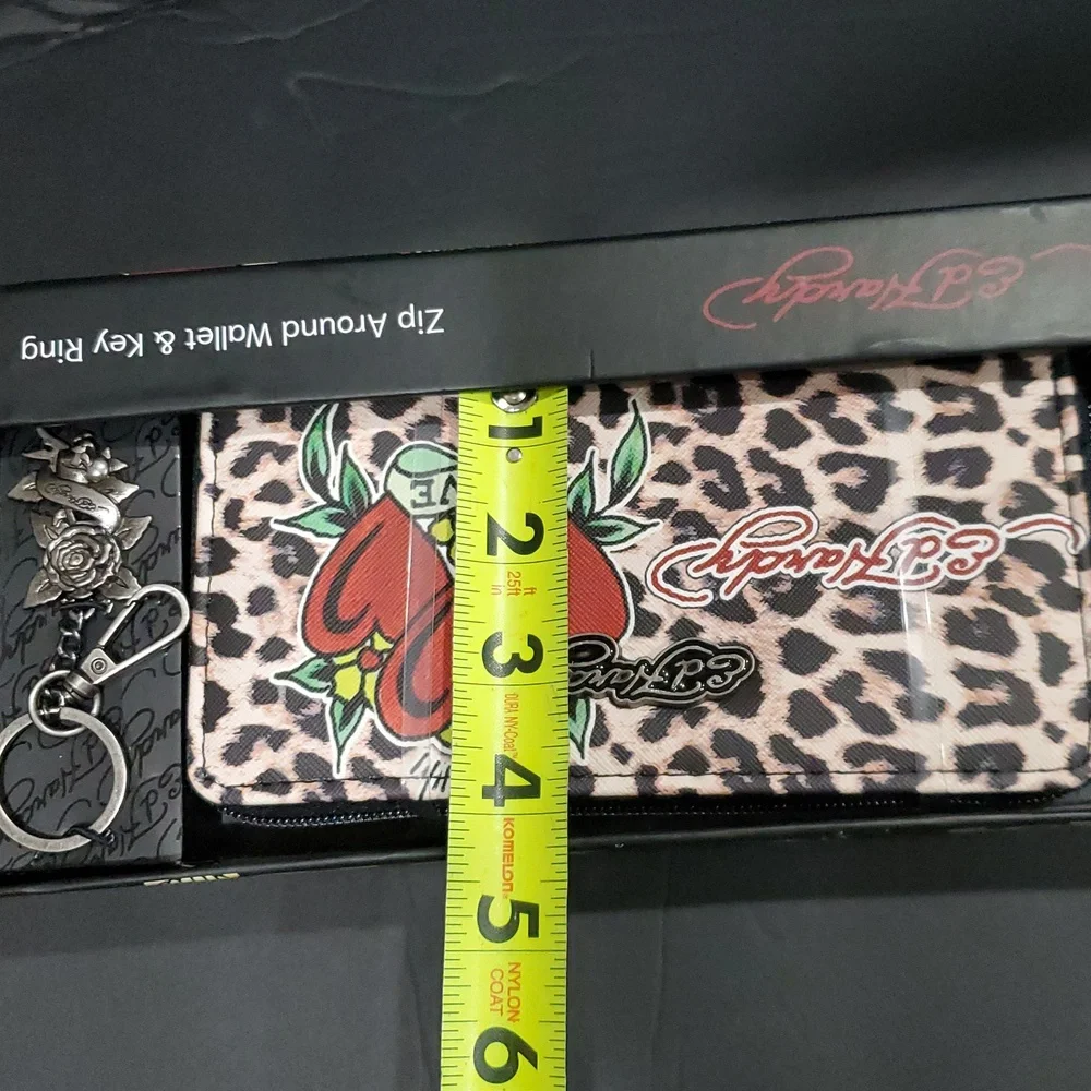 Ed Hardy y2k Cheetah zip around wallet gunmetal rose monogrammed keyring set new